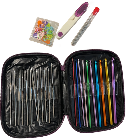 Set of colorful crochet hooks in a purple case with additional tools on a white background