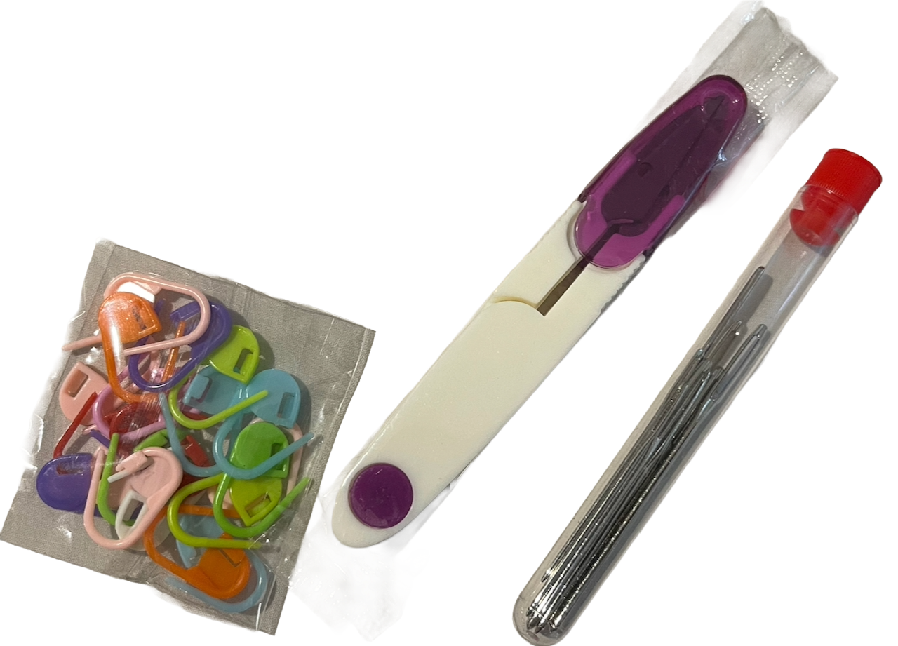 Set of colorful sewing needles and a purple cutting tool colorful stitch markers on a white background