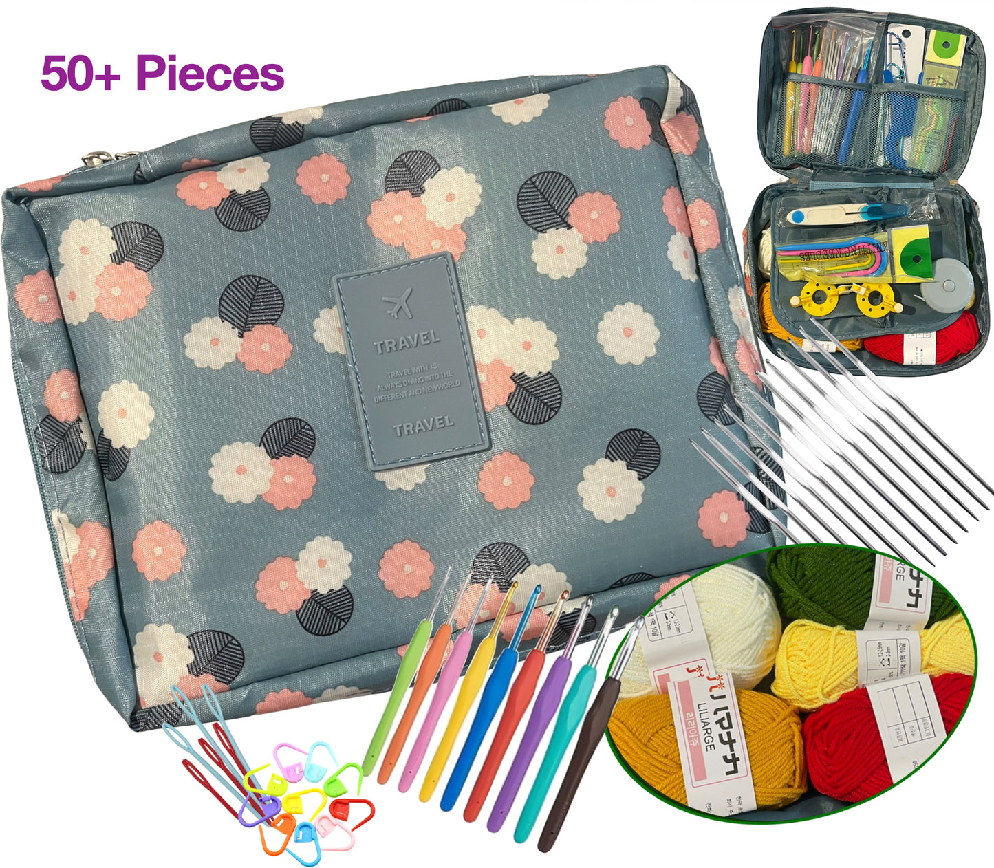Floral-patterned travel case with crochet hooks, yarn, and other tools on a white background