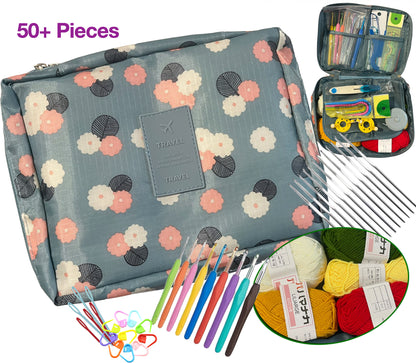 Floral-patterned travel case with crochet hooks, yarn, and other tools on a white background