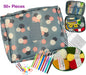 Floral-patterned travel case with crochet hooks, yarn, and other tools on a white background