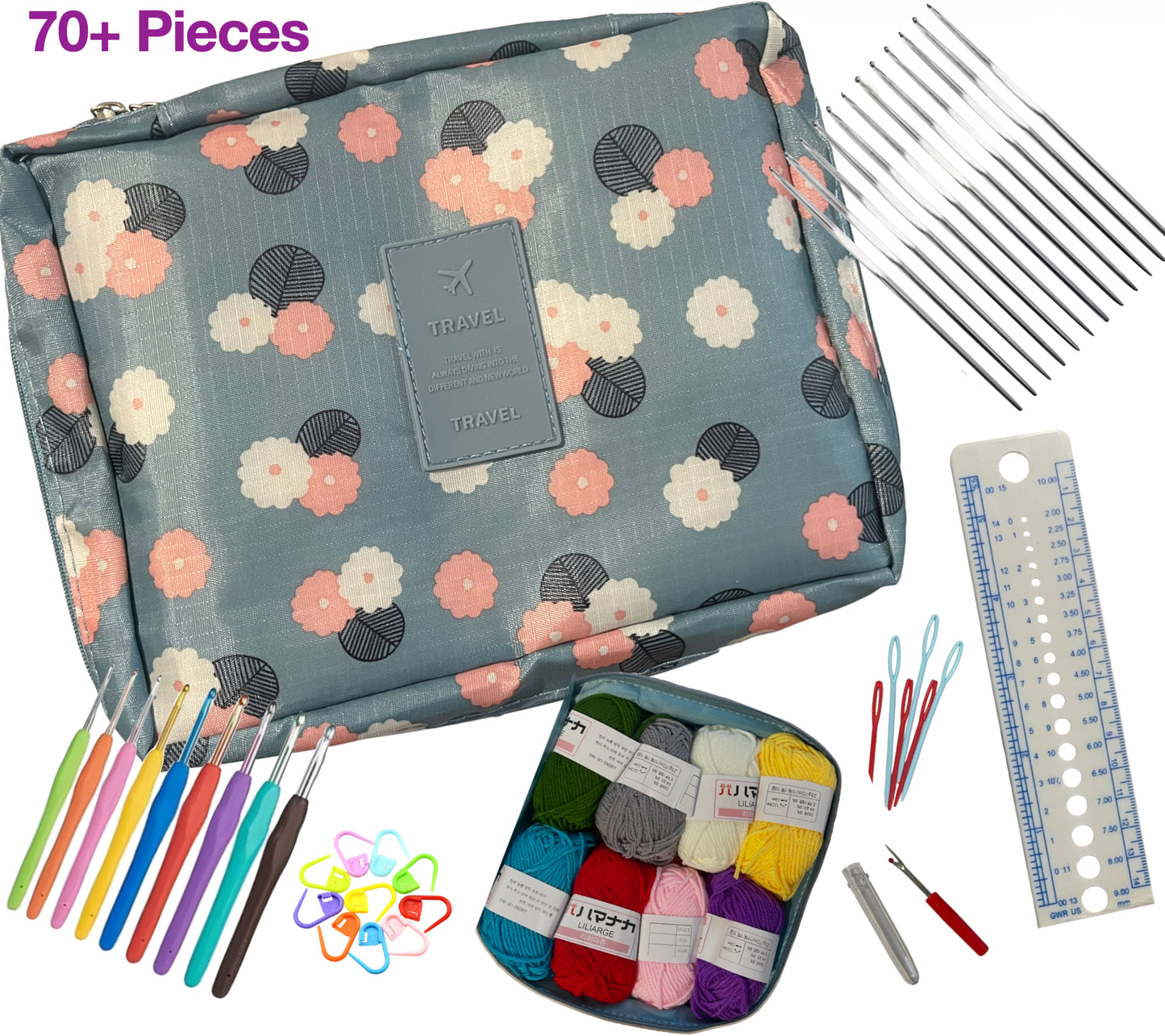 Crochet kit with floral-patterned pouch, yarn, hooks, and tools on a white background