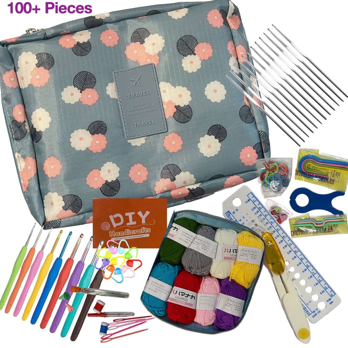 Crochet kit with floral-patterned bag, yarn, hooks, and tools on a white background