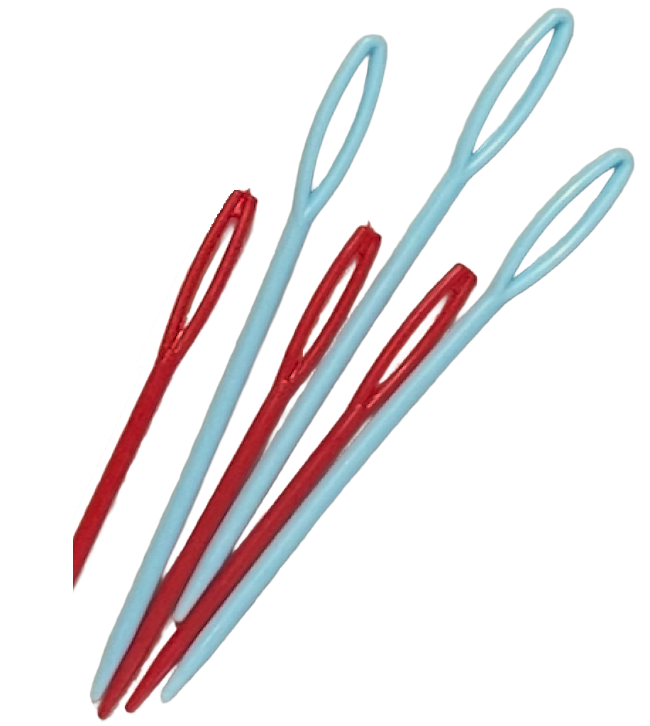 Three pairs of red and light blue needles on a white background