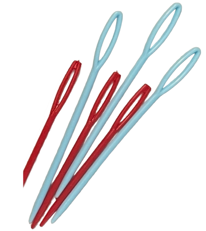 Three pairs of red and light blue needles on a white background