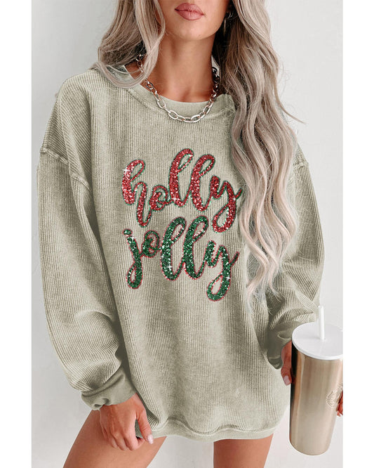 Green Sequined holly jolly Graphic Corded Sweatshirt - M
