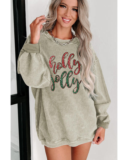 Green Sequined holly jolly Graphic Corded Sweatshirt - S