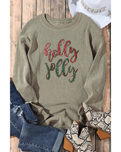 Green Sequined holly jolly Graphic Corded Sweatshirt - XL