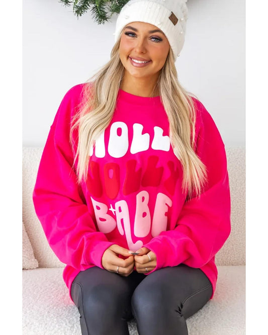 Rose Red Christmas Holly Jolly Babe Graphic Oversized Sweatshirt - L