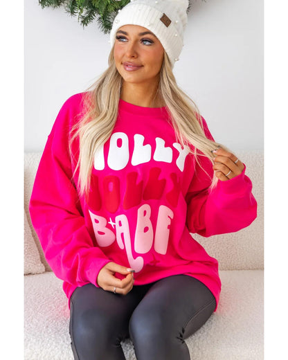 Rose Red Christmas Holly Jolly Babe Graphic Oversized Sweatshirt - M