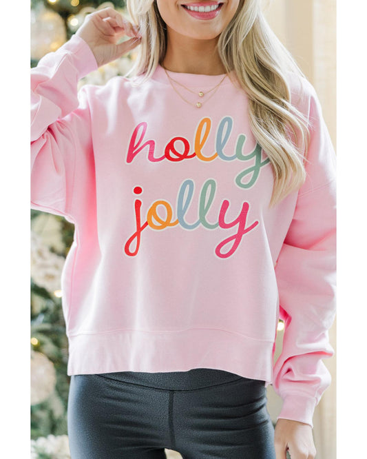 Pink holly jolly Printed Round Neck Christmas Sweatshirt - 2XL