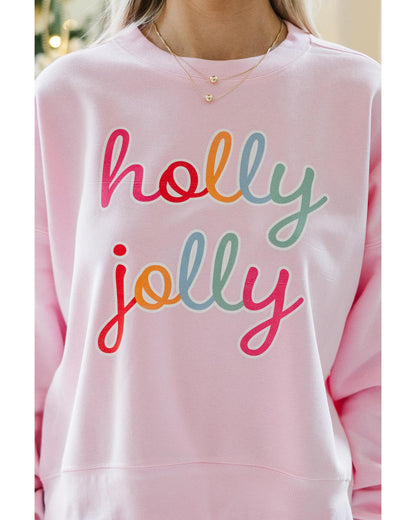 Pink holly jolly Printed Round Neck Christmas Sweatshirt - 2XL