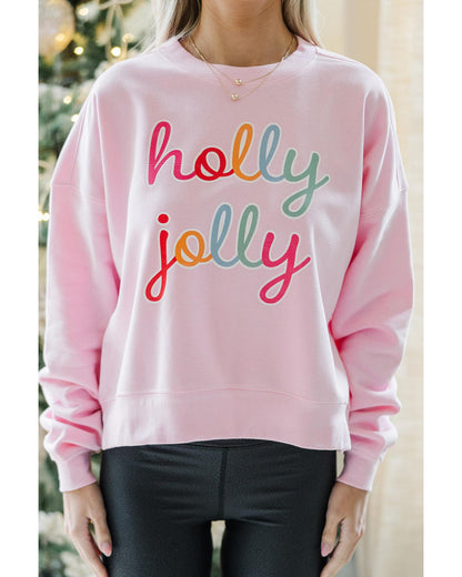 Pink holly jolly Printed Round Neck Christmas Sweatshirt - 2XL