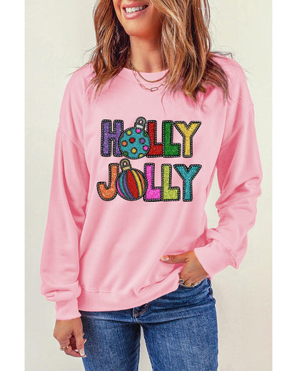 Pink HOLLY JOLLY Christmas Festive Letter Graphic Sweatshirt - L