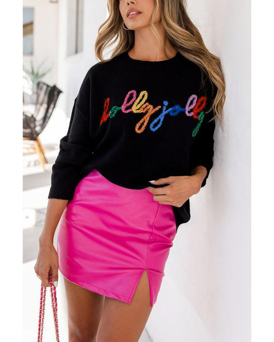 Black Holly Jolly Round Neck Casual Sweater - L