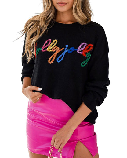 Black Holly Jolly Round Neck Casual Sweater - L