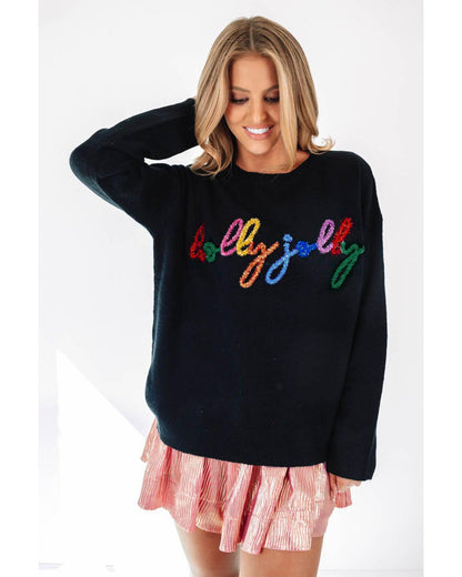 Black Holly Jolly Round Neck Casual Sweater - M