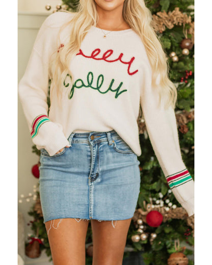 Beige Tinsel Holly Jolly Graphic Classic Sweater - XL