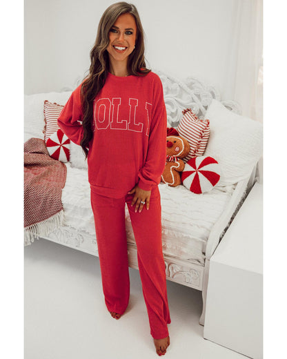 Fiery Red JOLLY Corded Long Sleeve Top and Pockets Pants Set - L