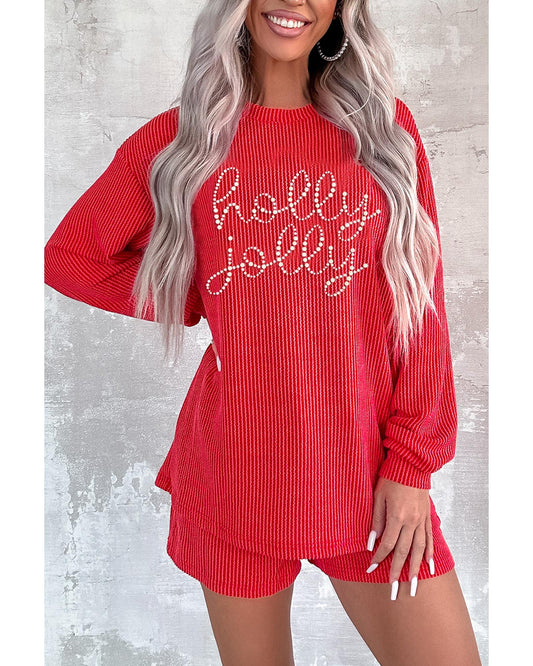 Gold Flame Rhinestone holly jolly Pattern Corded Long Sleeve Top and Shorts Set - L