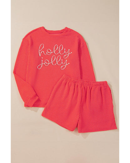 Gold Flame Rhinestone holly jolly Pattern Corded Long Sleeve Top and Shorts Set - M