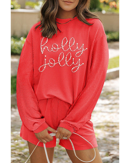 Gold Flame Rhinestone holly jolly Pattern Corded Long Sleeve Top and Shorts Set - M