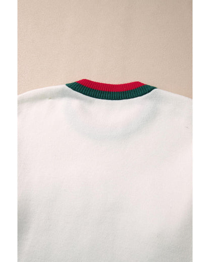 White Tinsel holly jolly Pattern Colorblock Edge Drop Shoulder Plus Size Sweater - 3X