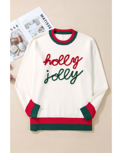White Tinsel holly jolly Pattern Colorblock Edge Drop Shoulder Plus Size Sweater - 4X