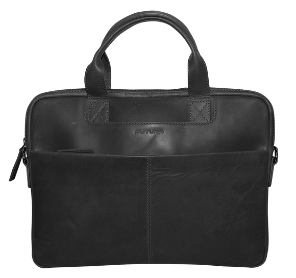 Futura Mens Slimline Leather Laptop Bag School Work Satchel Shoulder Strap - Black