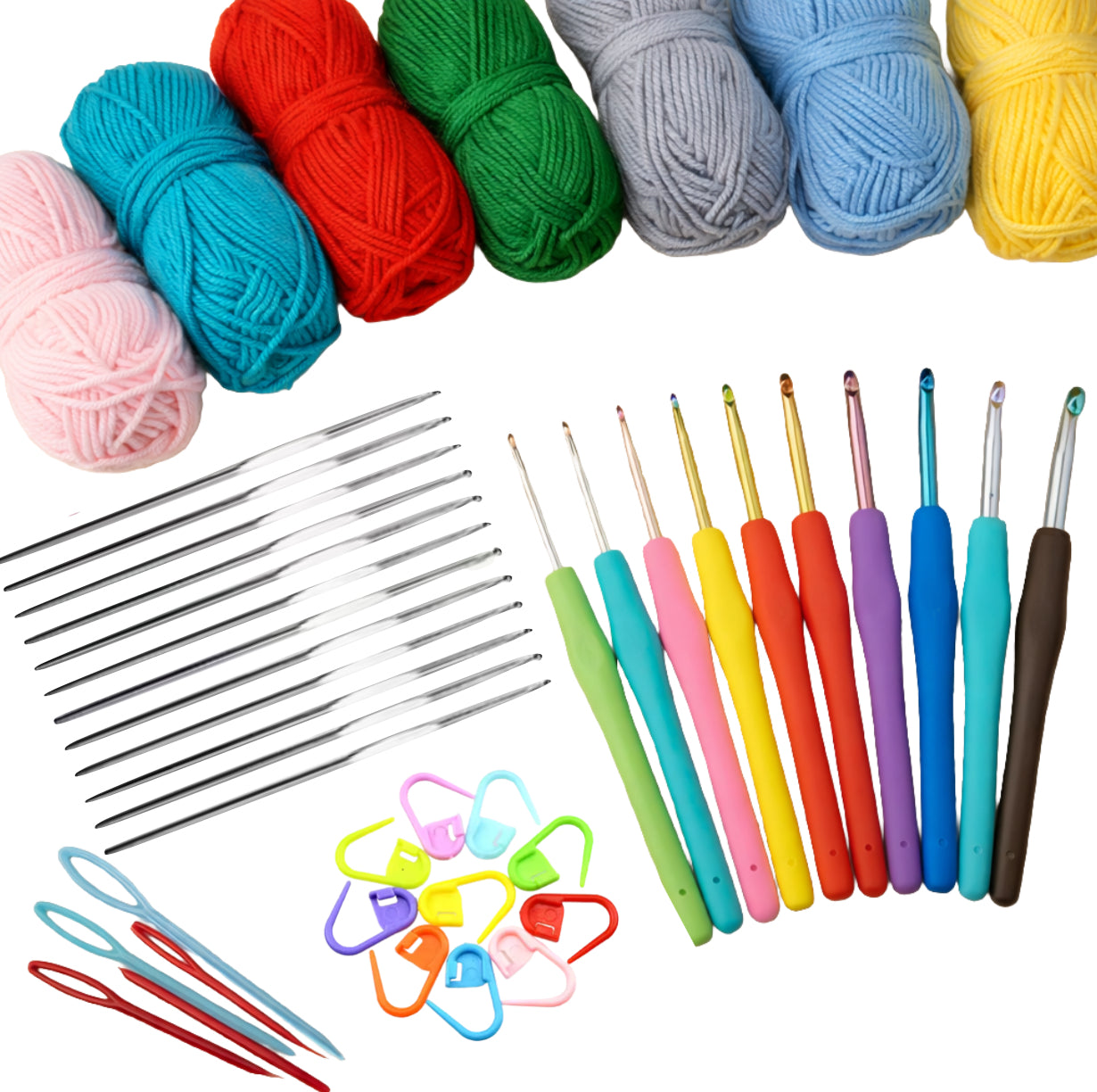 Assorted colorful yarn balls and crochet hooks on a white background
