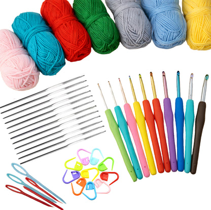 Assorted colorful yarn balls and crochet hooks on a white background