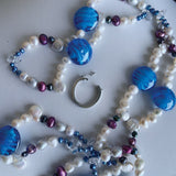 Blue white glass freshwater pearl necklace twist with clasp