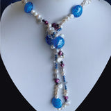 blue white glass twist necklace knotted pearls