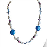 single strand blue white glass twist necklace freshwater pearls keshi